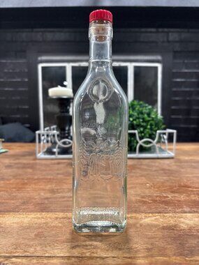 Vintage Schladerer Clear Glass Liquor Bottle With Red Cap Embossed Design